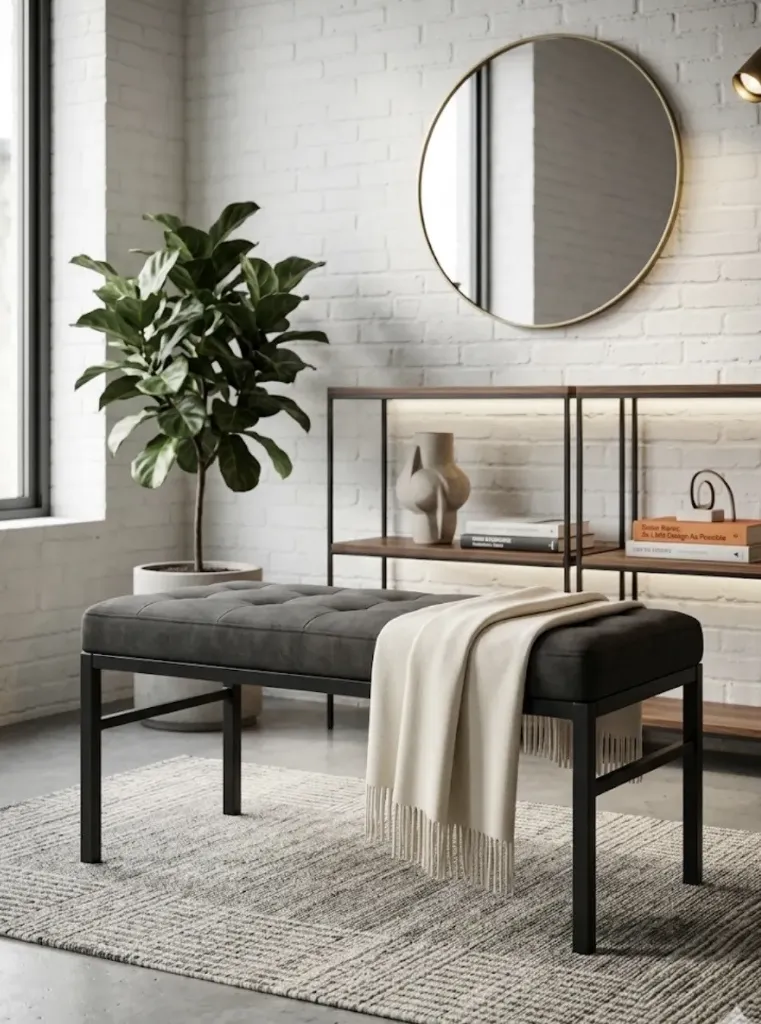 Banc en suédine grise et châssis noir, L64xP36xH44cm - style industriel