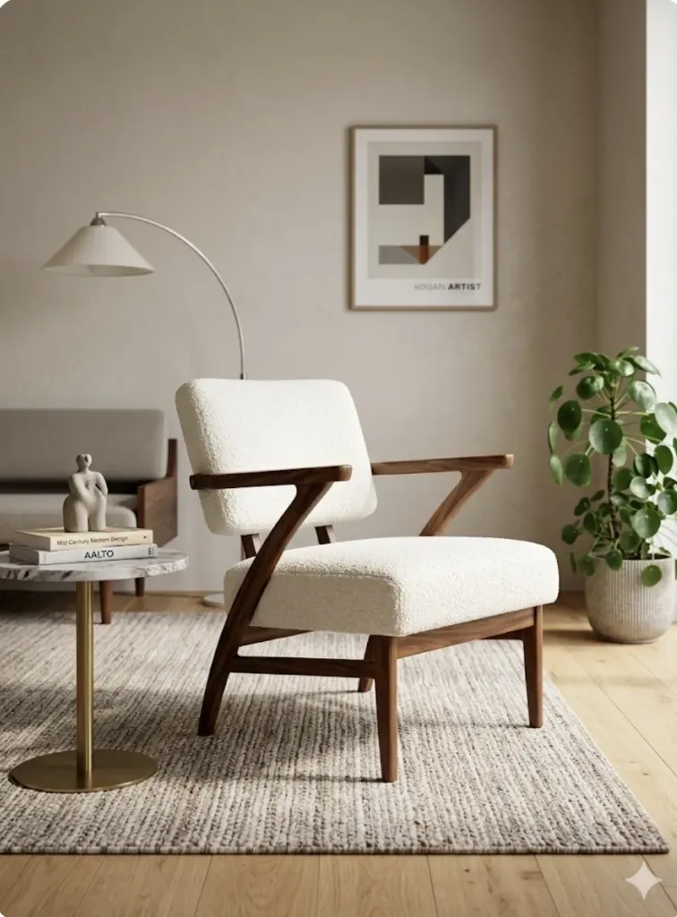 [LIQ-MOB-CDA-17-B] Ulric shearling white chair with wooden frame - mid-century modern style