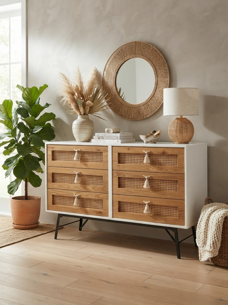 Console blanche avec 6 tiroirs en bois clair naturel - Design élégant et fonctionnel