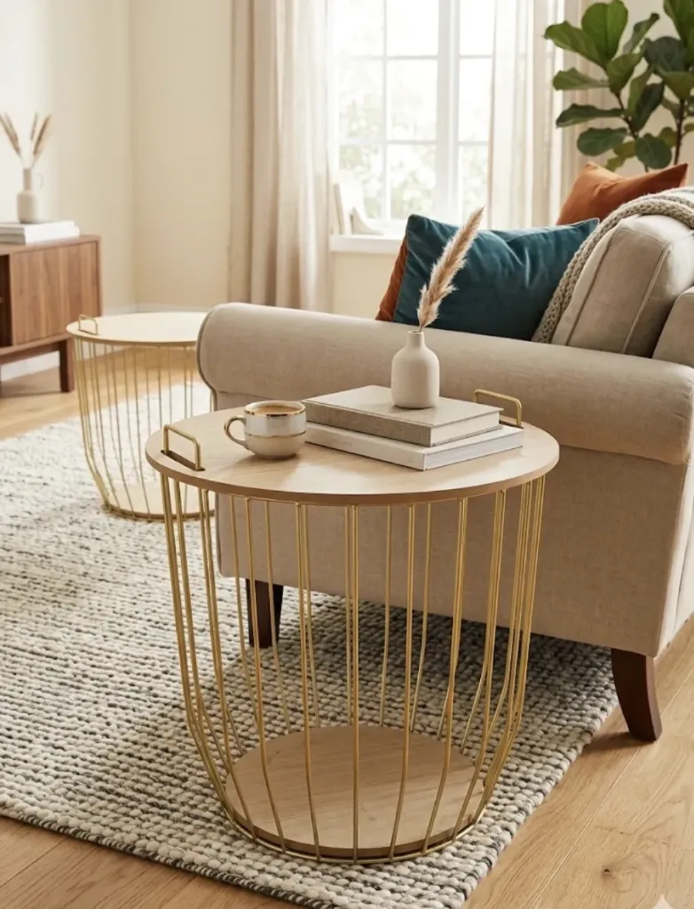 Table d’appoint plateau bois clair avec base panier - Style naturel et pratique