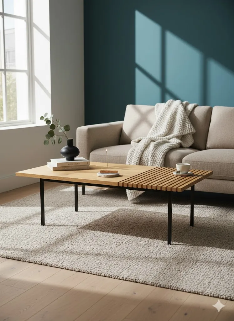 [LIQ-MOB-TAC-05-NA] Table de salon rectangulaire en bois clair rayé - Design naturel et contemporain