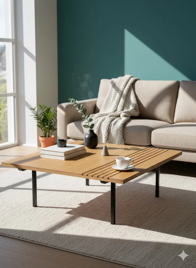 Square Coffee Table in Light Striped Wood with Black Legs - Modern Balanced Design