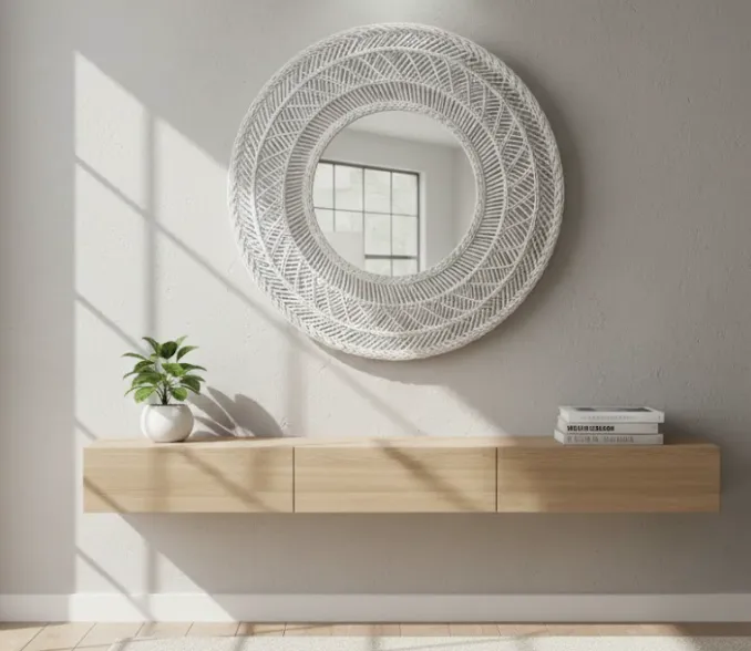 [LIQ-DEC-MIR-13-B] Miroir rond avec cadre en osier blanc - Élégance naturelle et lumineuse