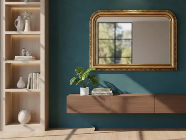 Miroir rectangle paysage aux coins arrondis avec cadre épais doré - Élégance contemporaine