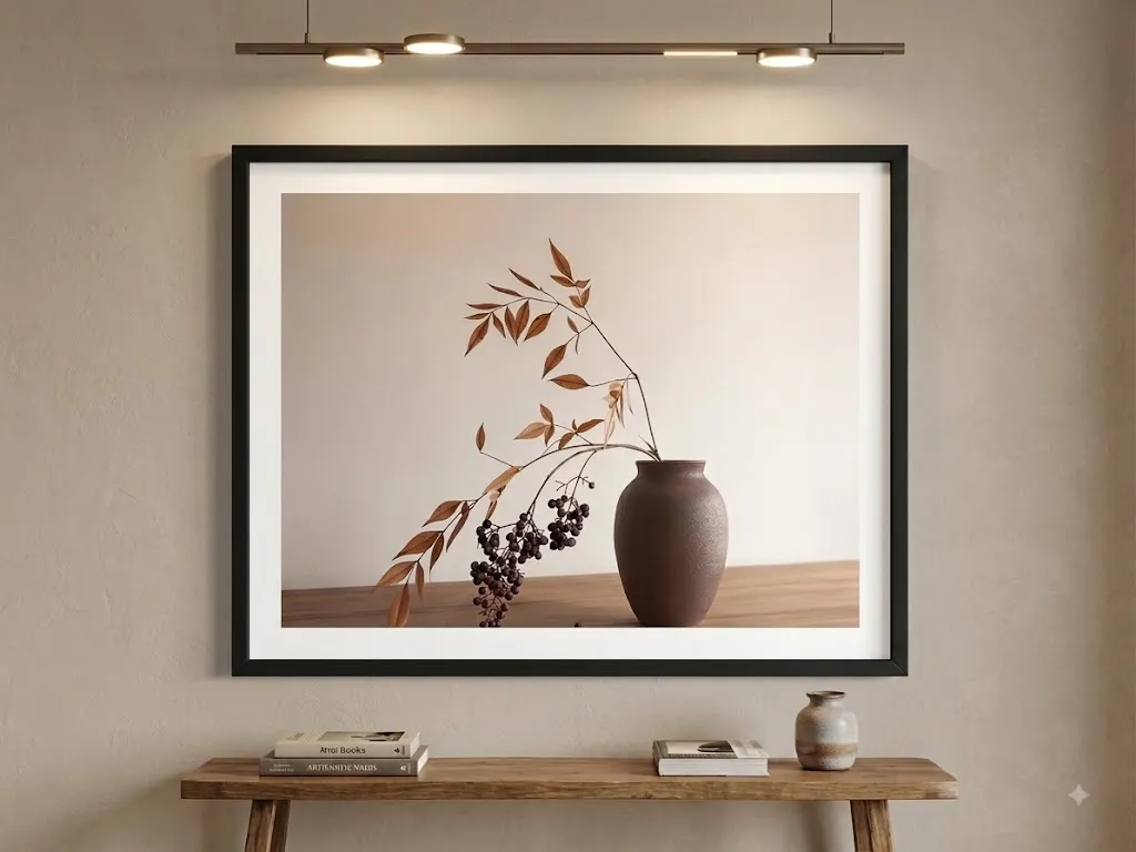 Cadre Automne vase noir et feuillage - Ambiance chaleureuse et naturelle