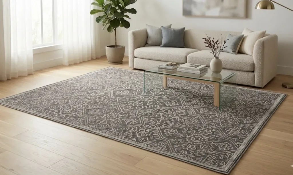 Tapis greige à petites fleurs - Douceur naturelle et élégance apaisante
