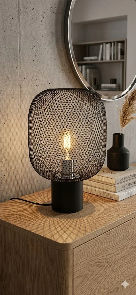 [LIQ-ECL-LDT-52-N] Lampe de table en grille de fil métallique noir - Style industriel moderne