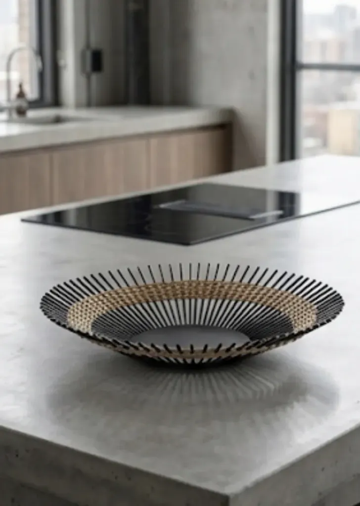 Black wire fruit bowl with natural wicker weave - Decorative and artisanal style