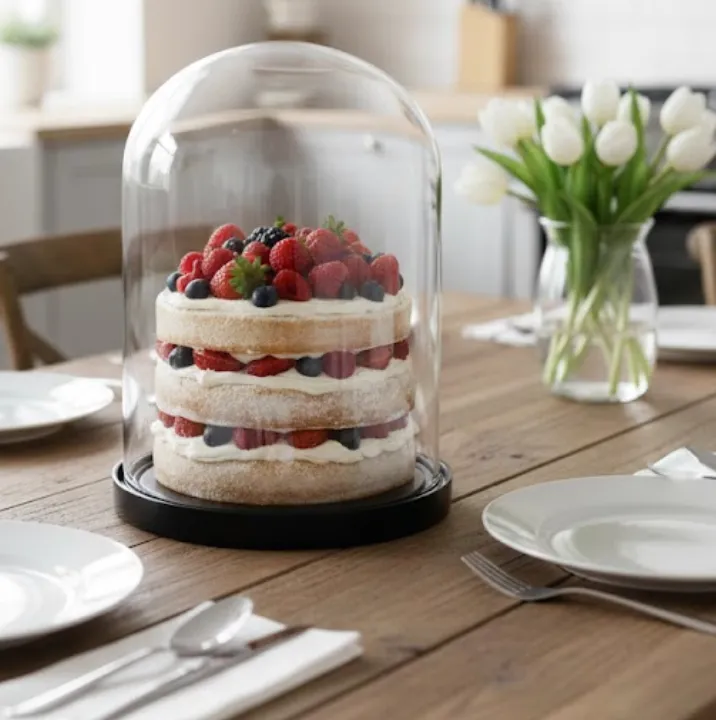 Présentoir à gâteau noir avec cloche en verre - Style chic et raffiné