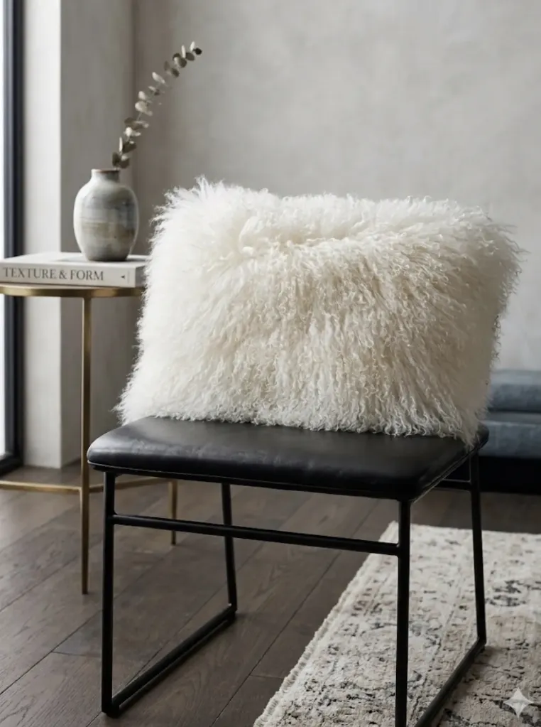 Coussin beige clair à grands poils – Douceur et confort