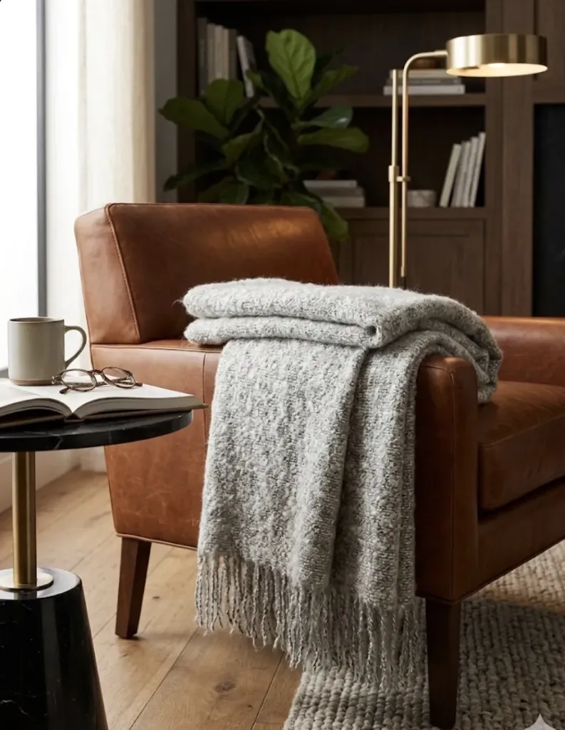Jeté en lainage doux gris avec franges - Confort chaleureux et style intemporel