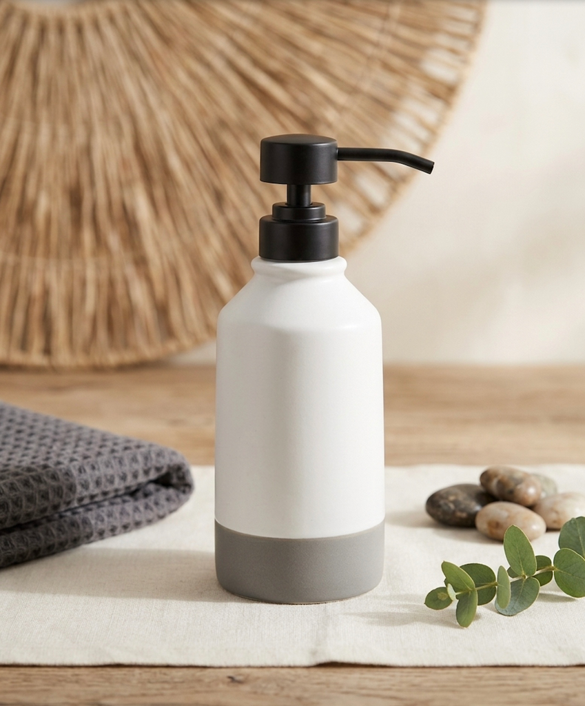 Distributeur à savon blanc et gris - Design épuré et moderne