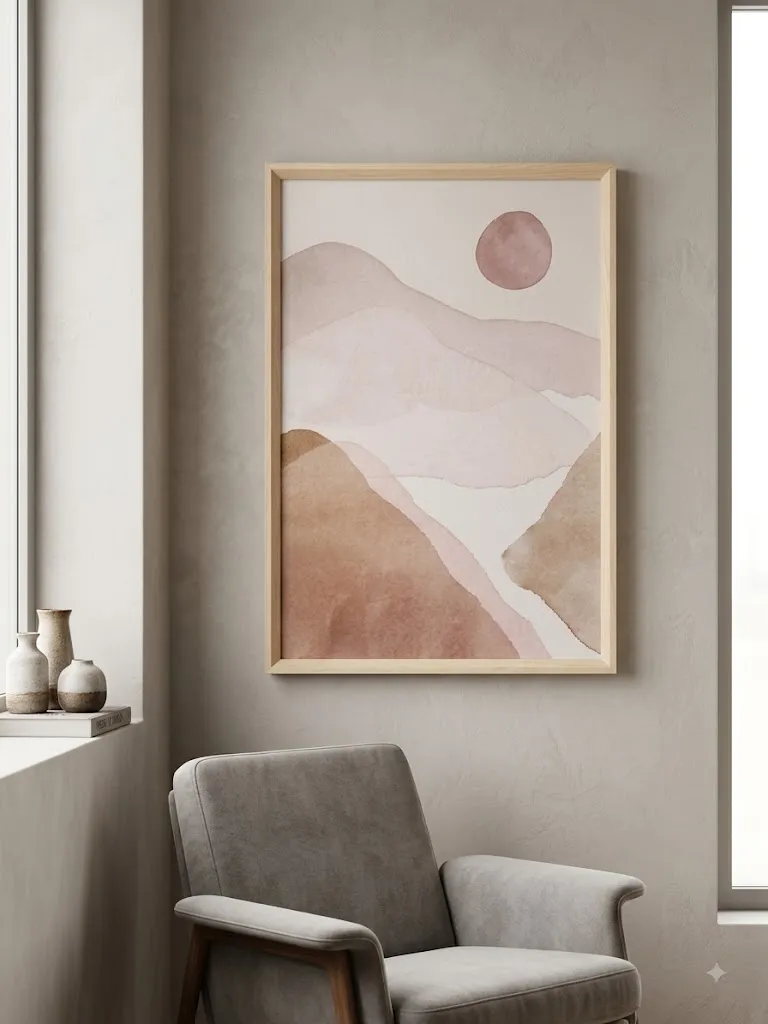 Cadre bois et dessin rose pâle - Design doux et élégant
