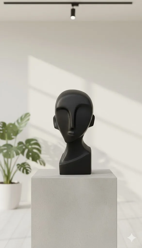 Buste tête sculpté en céramique noire - Style Artistique