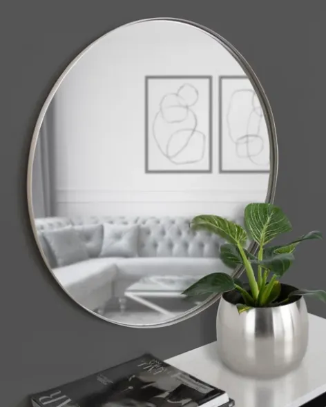 Miroir rond avec bord argenté - Élégance contemporaine et lumineuse