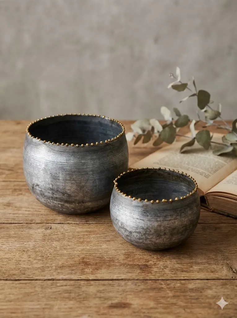 Duo de petits pots en métal martelé (D7cm & D10cm) - Cachet Artisanal