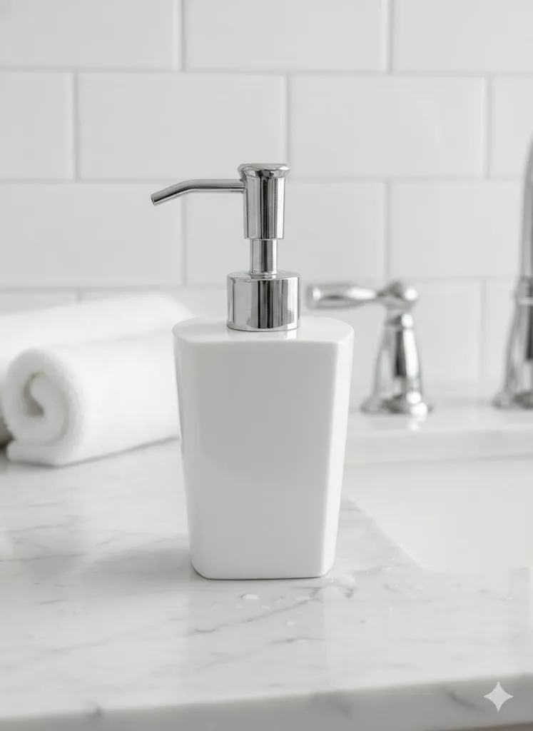 Distributeur de savon blanc minimaliste (L9 x H18 cm) - Accessoire Salle de Bain