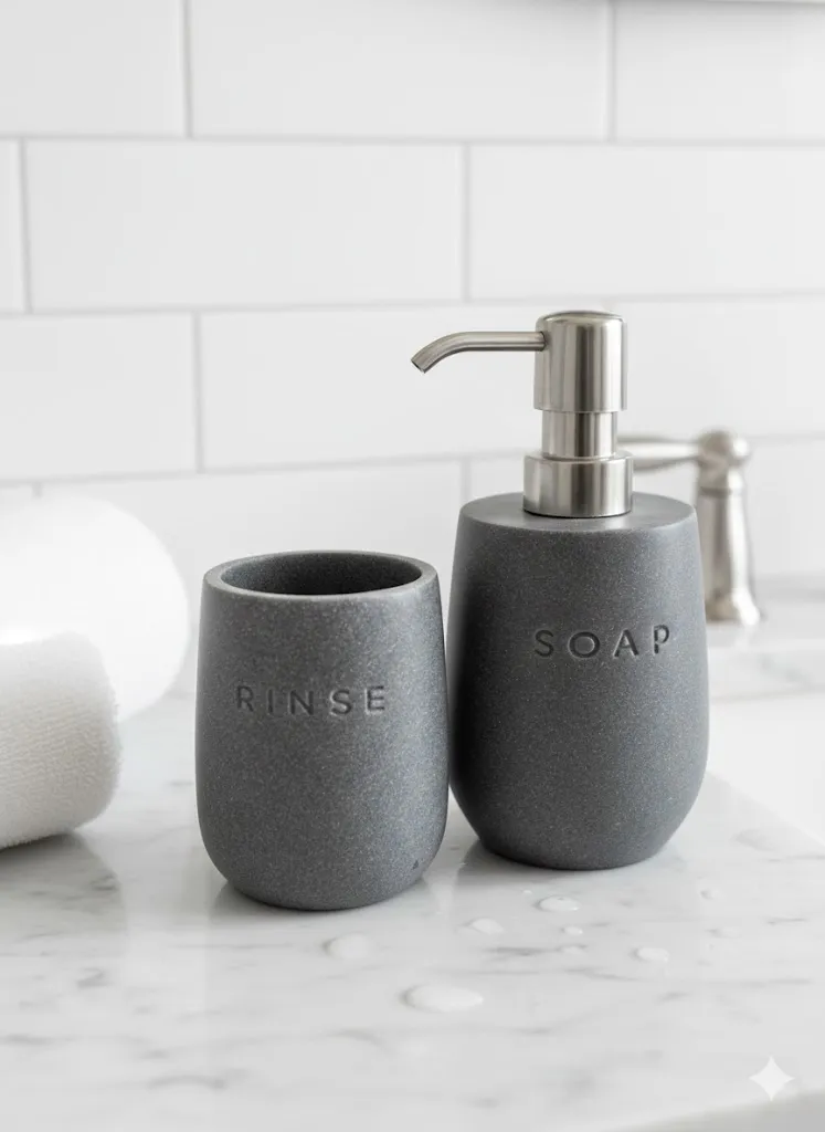 Matte Grey Soap Dispenser and Tumbler Set (D8 x H18 cm) - Modern Spa Set