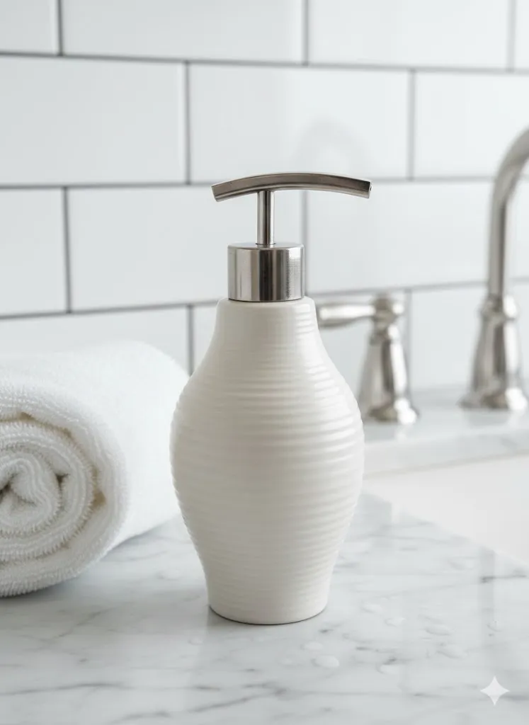 Distributeur de savon en céramique striée (L9 x H21 cm) - Accessoire Salle de Bain