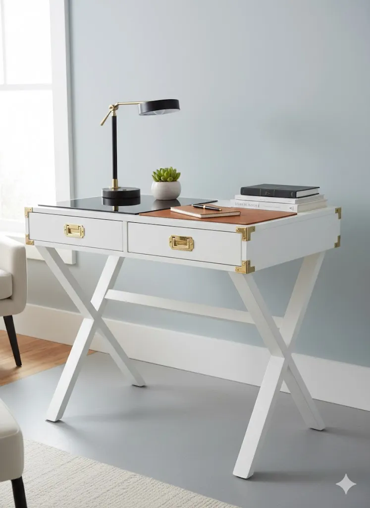 Bureau blanc 2 tiroirs poignées dorées (L81 x P48 x H77 cm) - Style Élégant