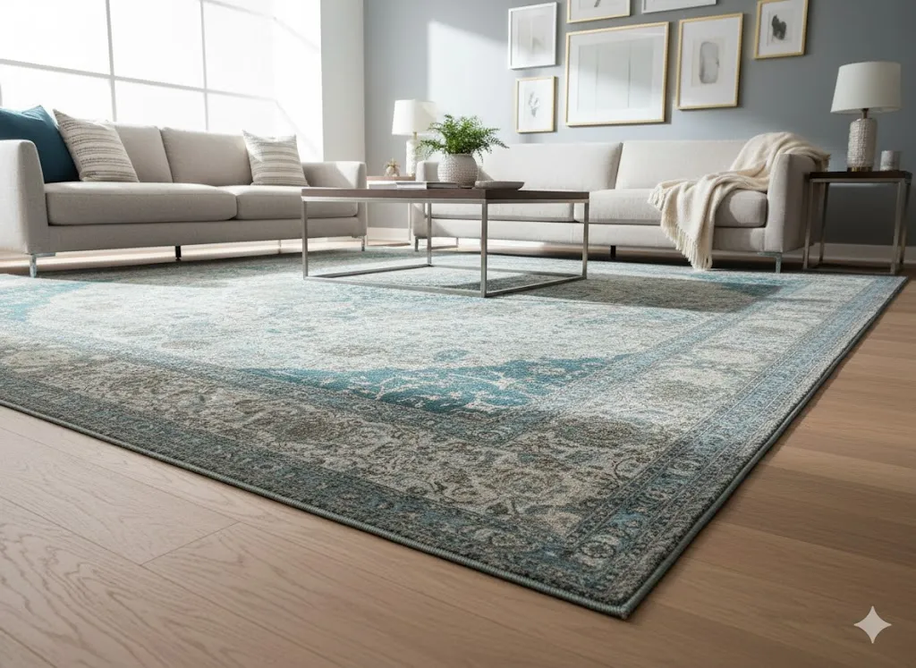 Grand tapis aux motifs de bleus (9'x11') - élégance contemporaine