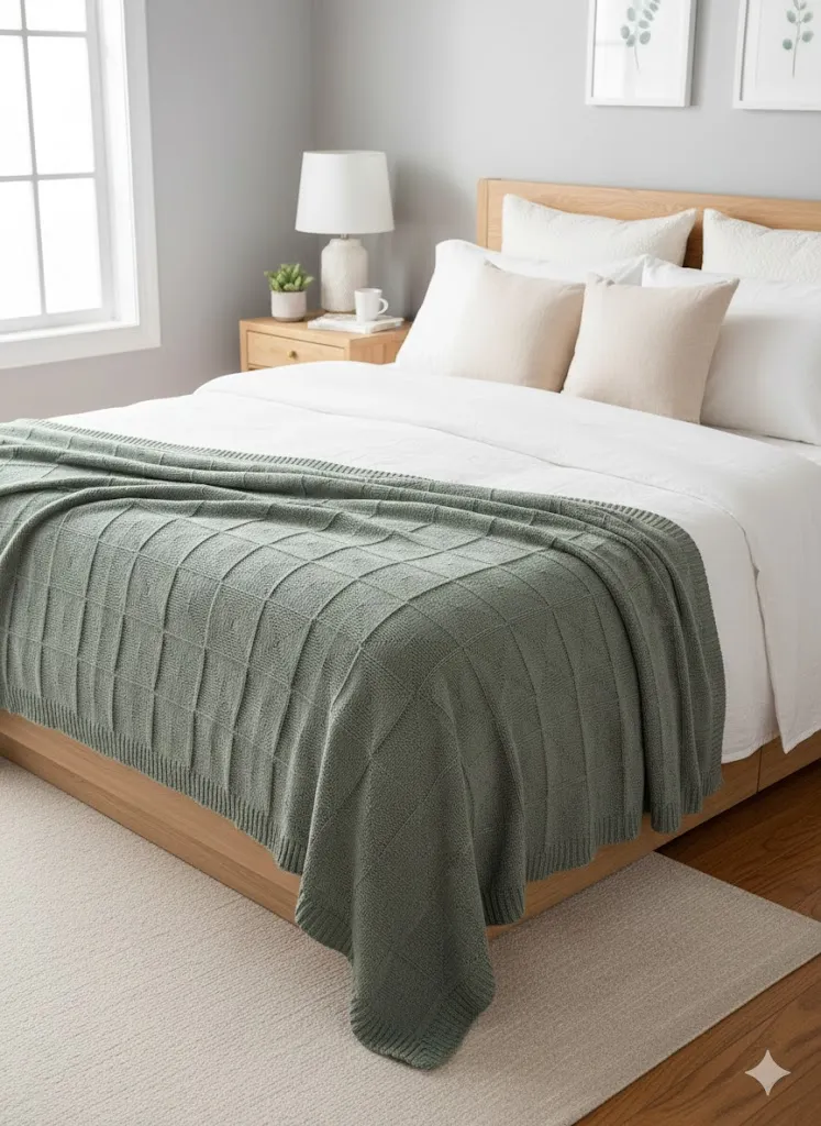 Jeté vert sauge tricoté (L140xP200cm) - confort cocooning