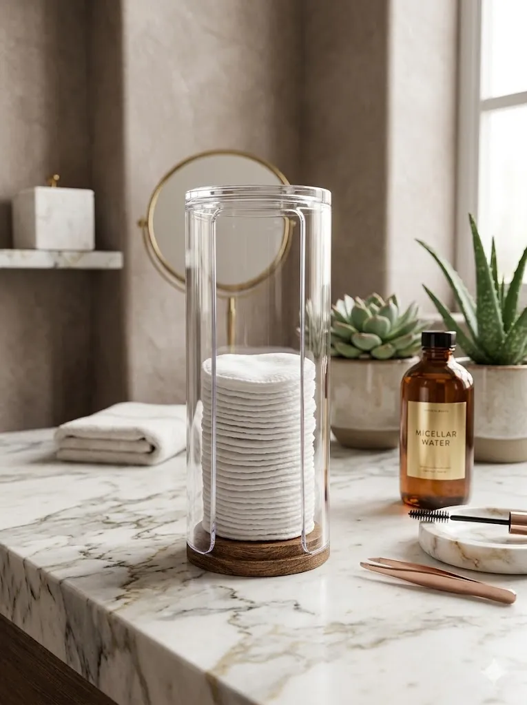 Distributeur à cotons avec socle en bois - Présentation naturelle et élégante