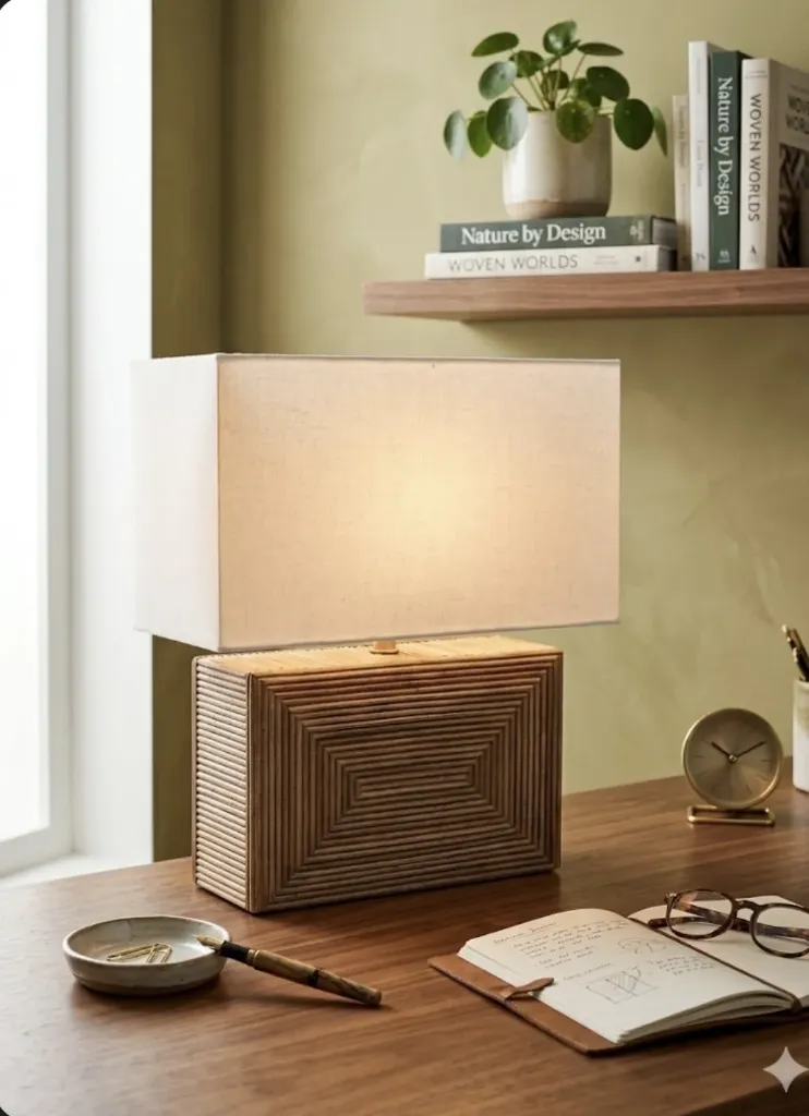 Table lamp with woven wood base (H44cm) - natural elegance