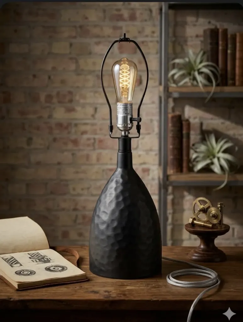 Lampe de table noire en métal martelé - style industriel vintage