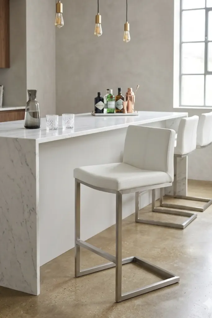 Modern White Counter Stool with Stainless Steel Frame (W42 x D42 x H87 cm)