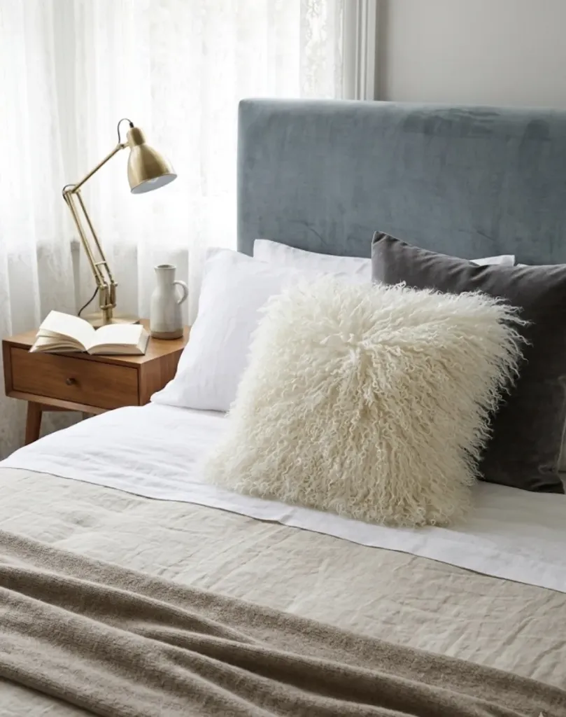 Coussin beige à poils longs,L48xP48cm