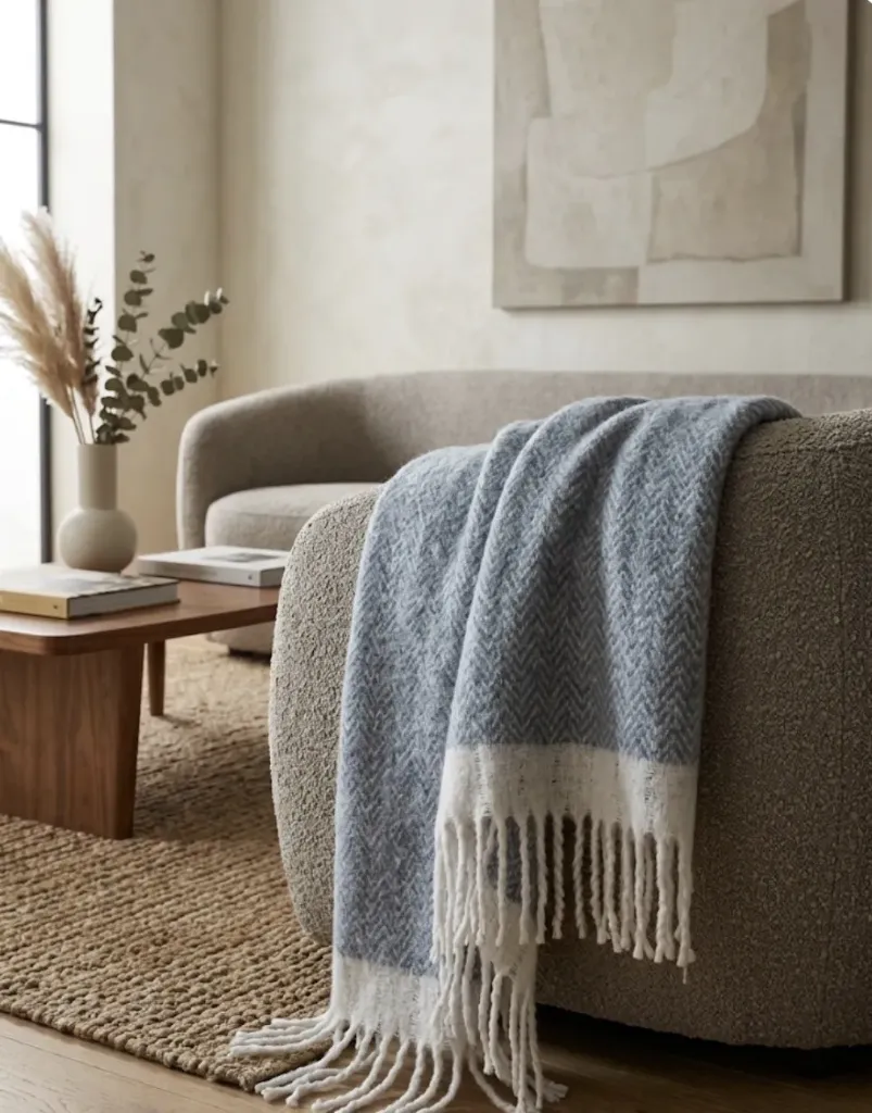 [LIQ-TEX-JET-94-BL] Blue and White Chevron Mohair-Style Throw - Soft and Refined Comfort