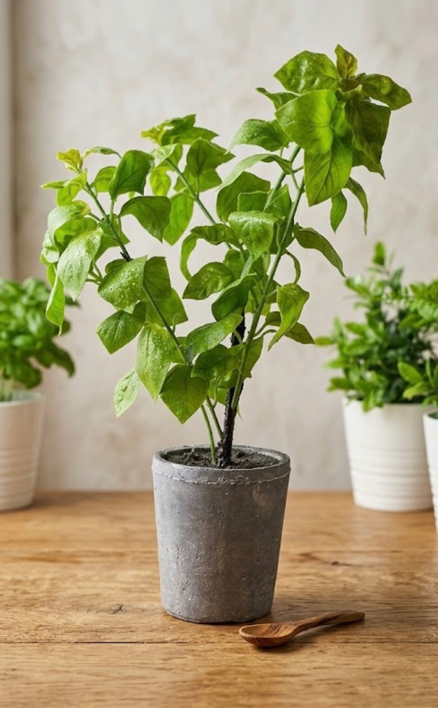 Basil plant in gray cement pot - Contemporary botanical accent