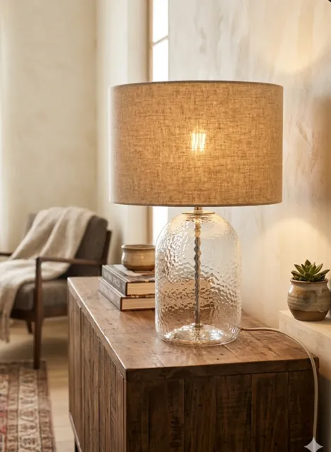 Lampe de table en verre flouté avec abat‑jour couleur lin – Élégance douce et lumineuse