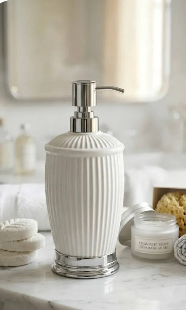 White ridged soap dispenser with silver accents - Modernity and refinement