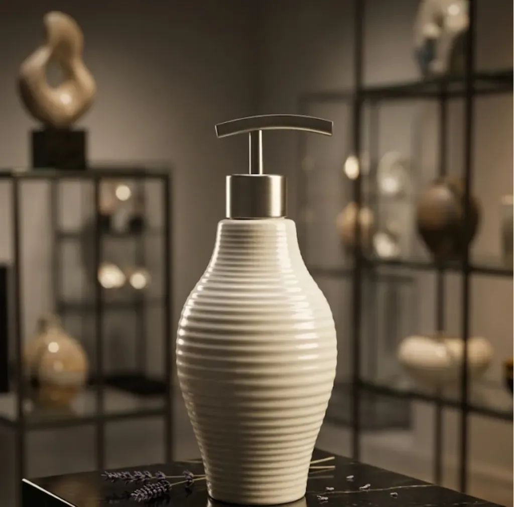 Distributeur à savon blanc strié avec pompe argentée - Accessoire de salle de bain élégant