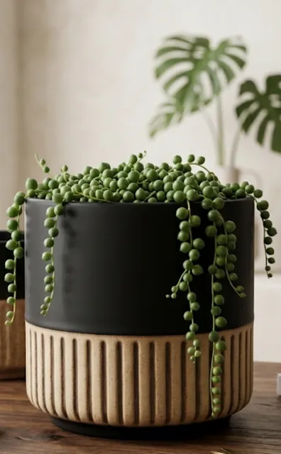 Cache-pot noir avec stries beiges - Style moderne et contrasté