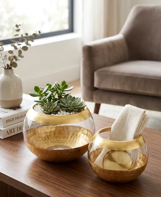 Set of two glass ball vases with gold finishes - Elegant decorative style