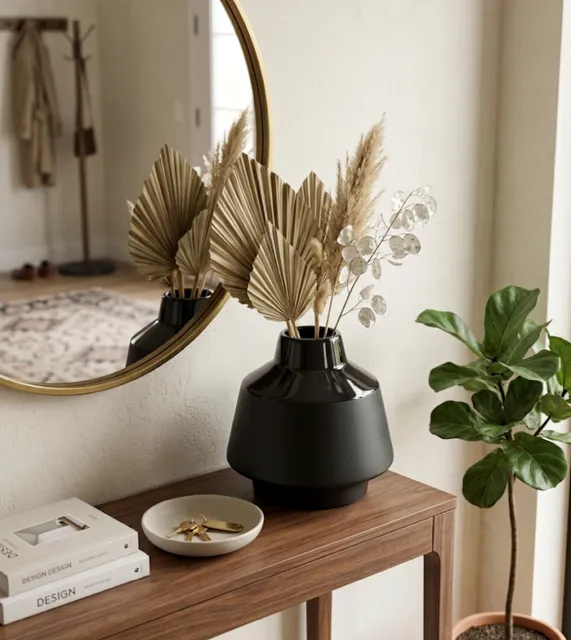 Matte and glossy black conical vase, D19xH19cm