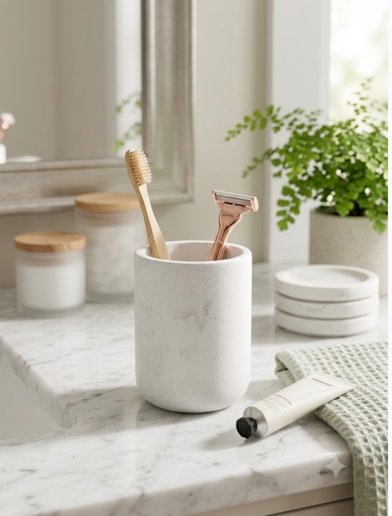 Gobelet de salle de bain marbré blanc et gris en pierre - Élégance naturelle et contemporaine