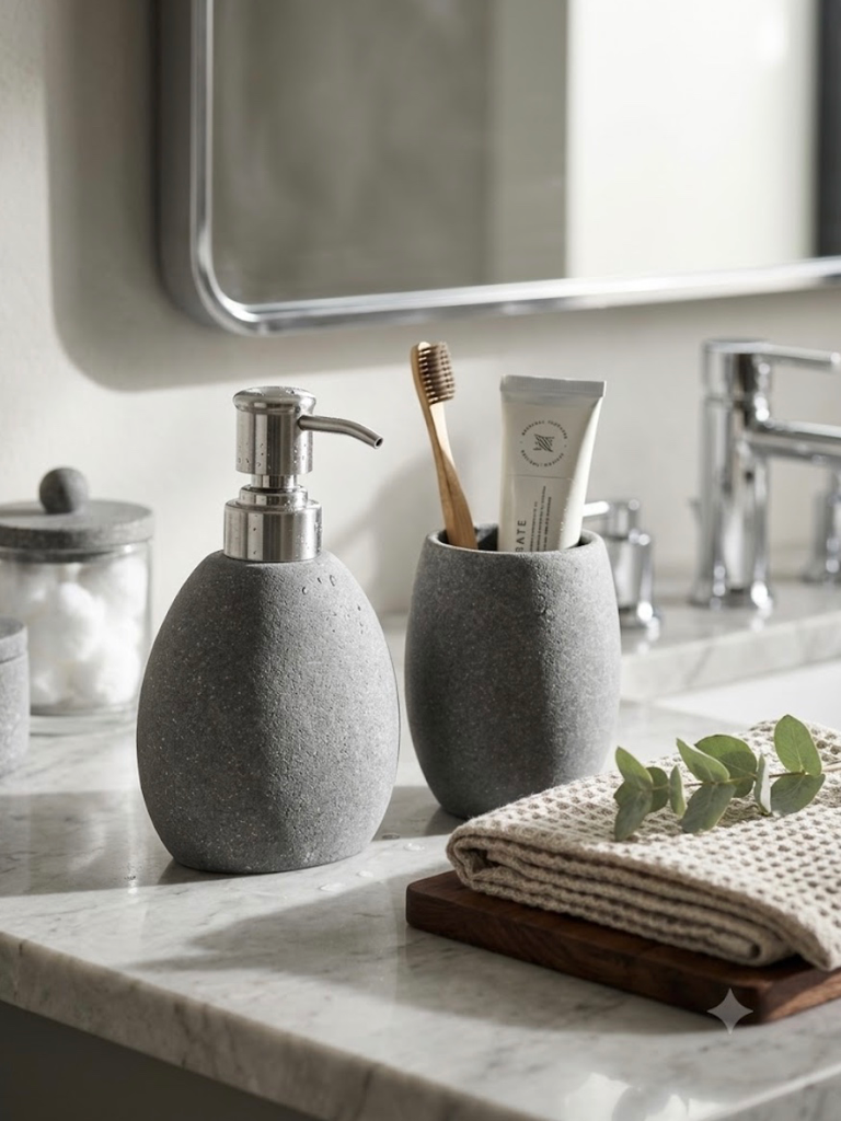 [LIQ-BAT-DEC-92-G] Ensemble distributeur à savon et gobelet en résine effet pierre - Design moderne et naturel